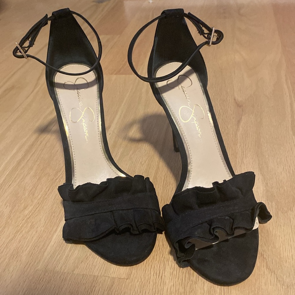 Jessica Simpson Black Silea Dress Sandal Heel with ruffle open toe